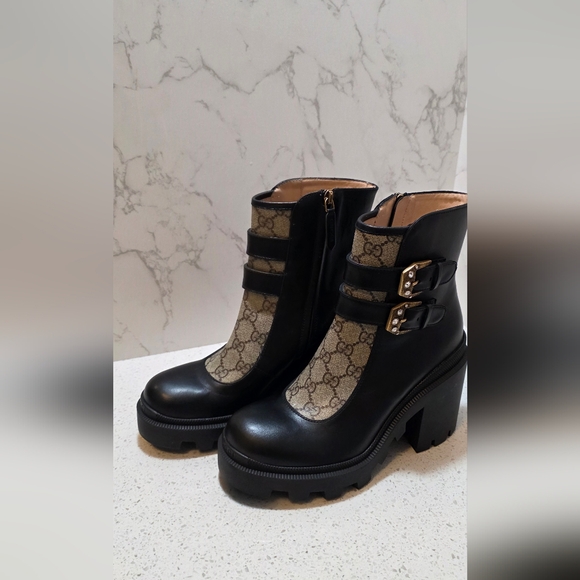Gucci Shoes - New Gucci Kensington GG Supreme Jeweled Buckle Black Bootie Boots Sz 38